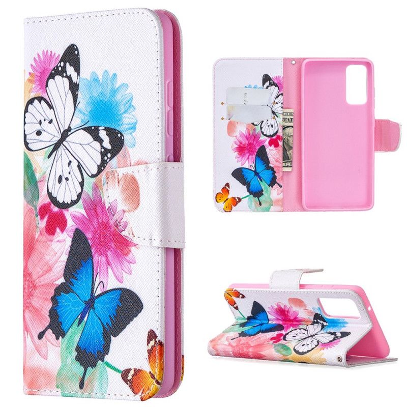 Etui Folio Samsung Galaxy S20 FE Jasnoniebieski Magenta Malowane Motyle I Kwiaty Etui Ochronne