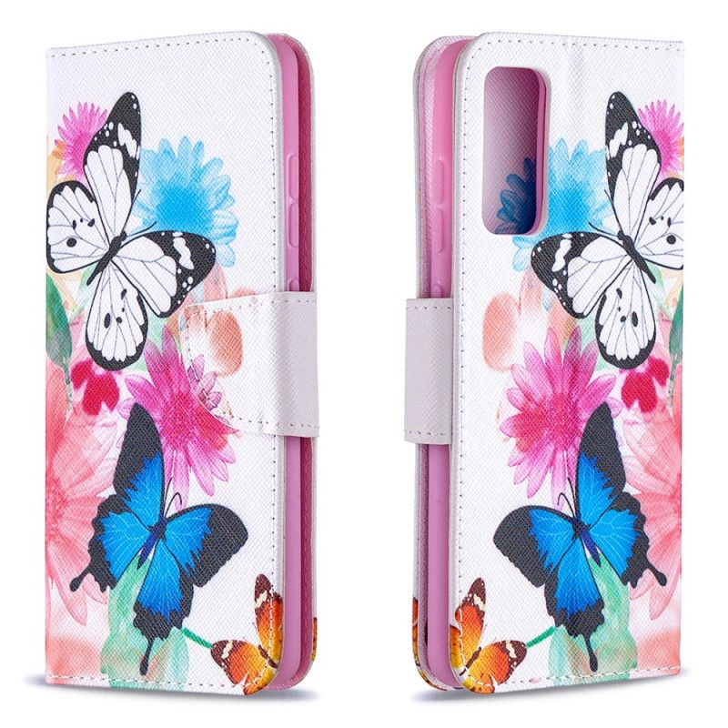 Etui Folio Samsung Galaxy S20 FE Jasnoniebieski Magenta Malowane Motyle I Kwiaty Etui Ochronne