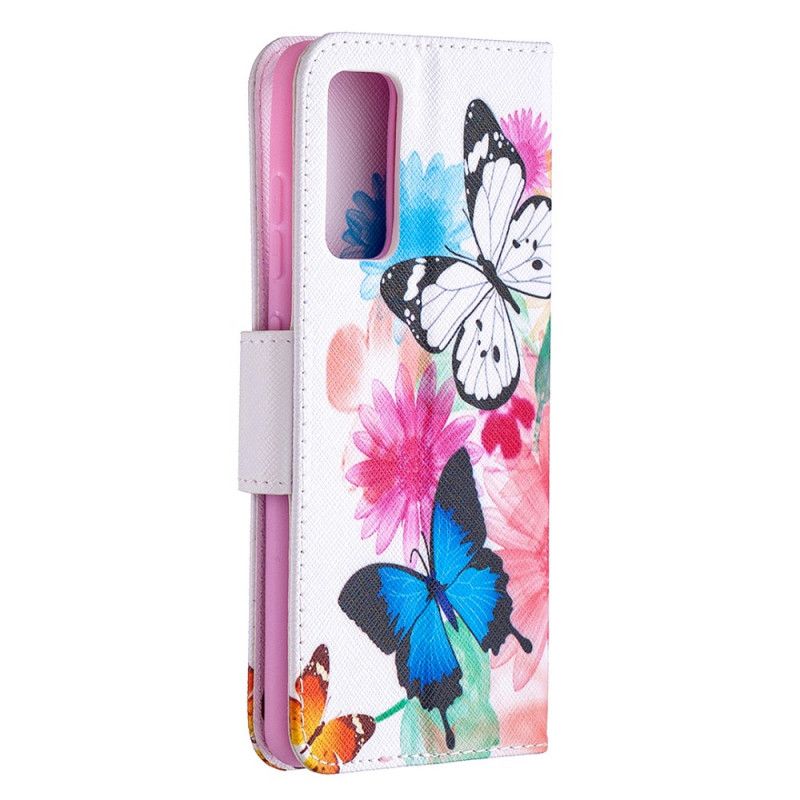 Etui Folio Samsung Galaxy S20 FE Jasnoniebieski Magenta Malowane Motyle I Kwiaty Etui Ochronne