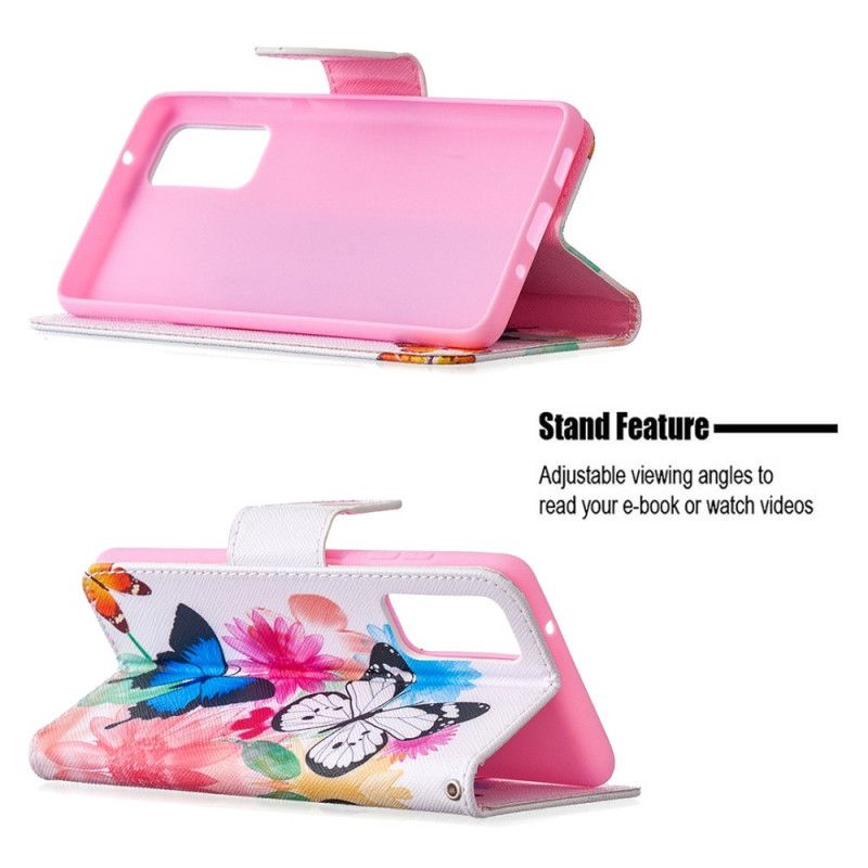 Etui Folio Samsung Galaxy S20 FE Jasnoniebieski Magenta Malowane Motyle I Kwiaty Etui Ochronne