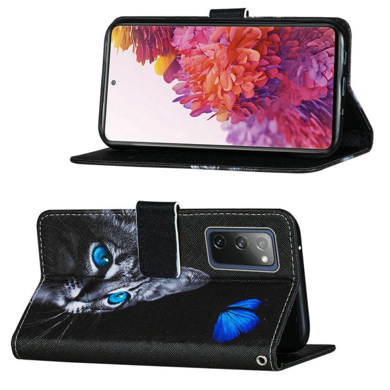 Etui Folio Samsung Galaxy S20 FE Kot I Niebieski Motyl Etui Ochronne