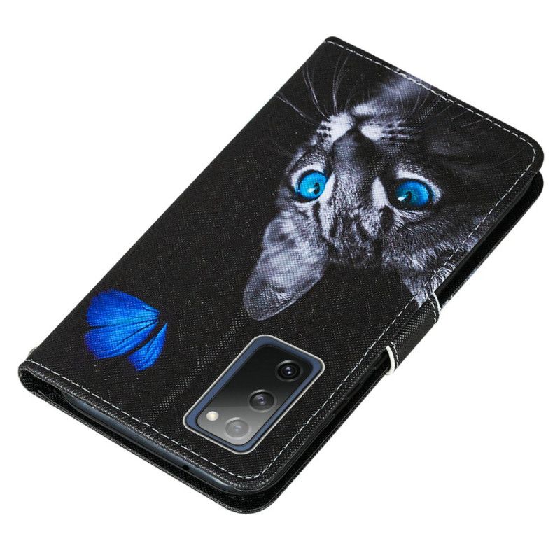 Etui Folio Samsung Galaxy S20 FE Kot I Niebieski Motyl Etui Ochronne