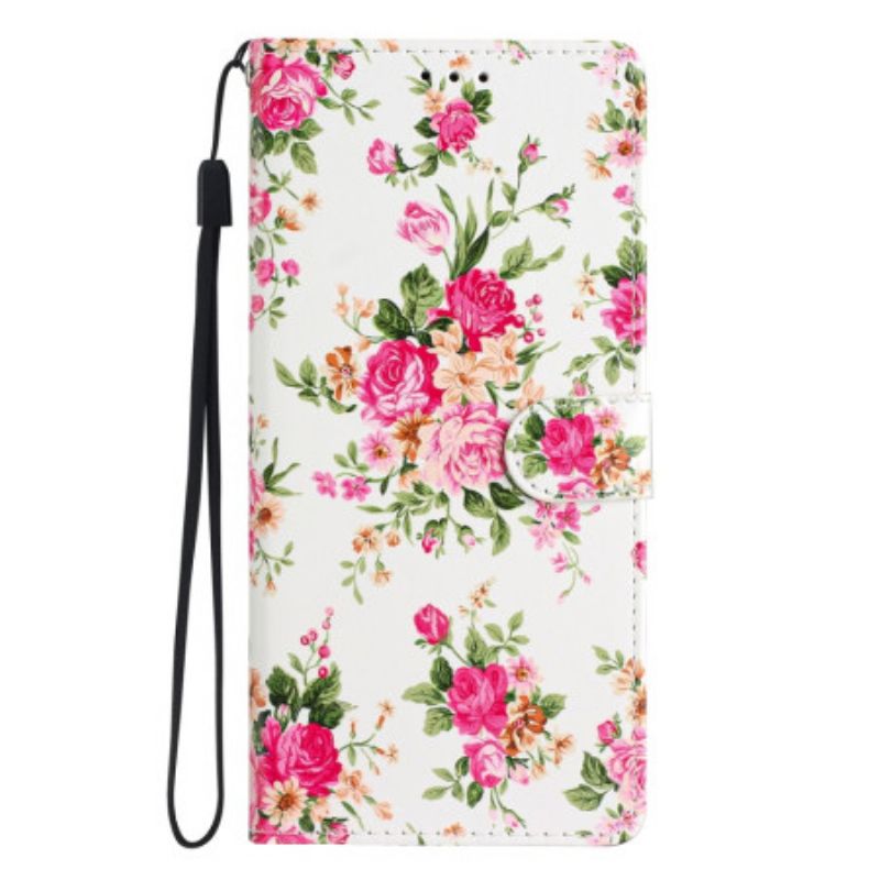 Etui Folio Do Oppo A98 5g CZerwone Kwiaty Z Paskiem