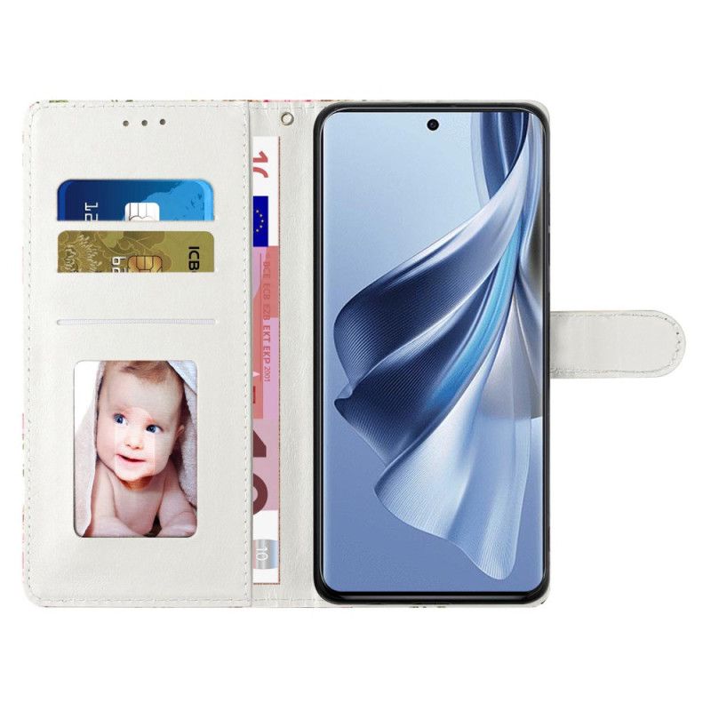 Etui Folio Do Oppo A98 5g CZerwone Kwiaty Z Paskiem