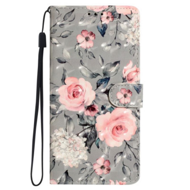 Etui Folio Do Oppo A98 5g Różowe Kwiaty Z Paskiem