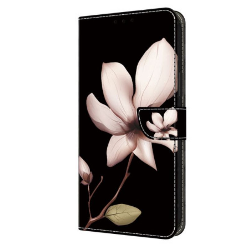 Etui Folio Do Oppo A98 5g Różowy Kwiat Na CZarnym Tle