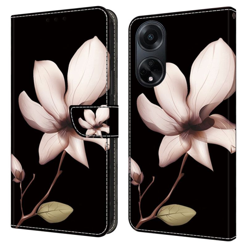 Etui Folio Do Oppo A98 5g Różowy Kwiat Na CZarnym Tle