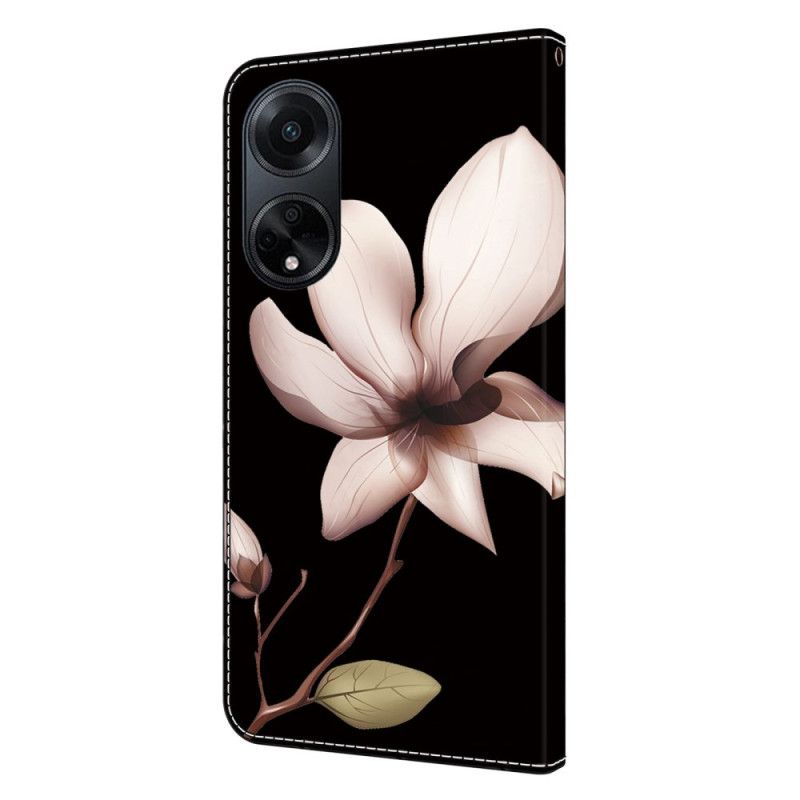 Etui Folio Do Oppo A98 5g Różowy Kwiat Na CZarnym Tle