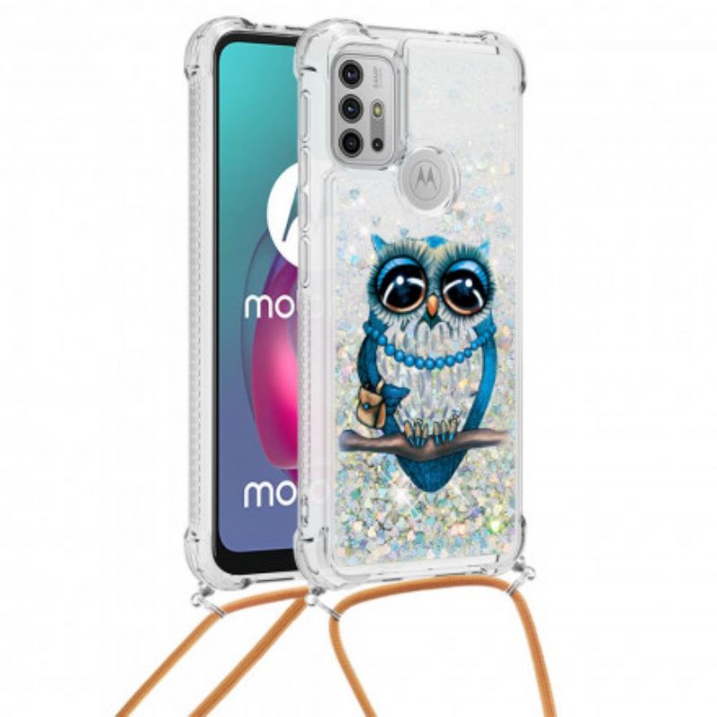 Etui Moto G30 / G10 Panna Sowa Cekinowy Sznurek