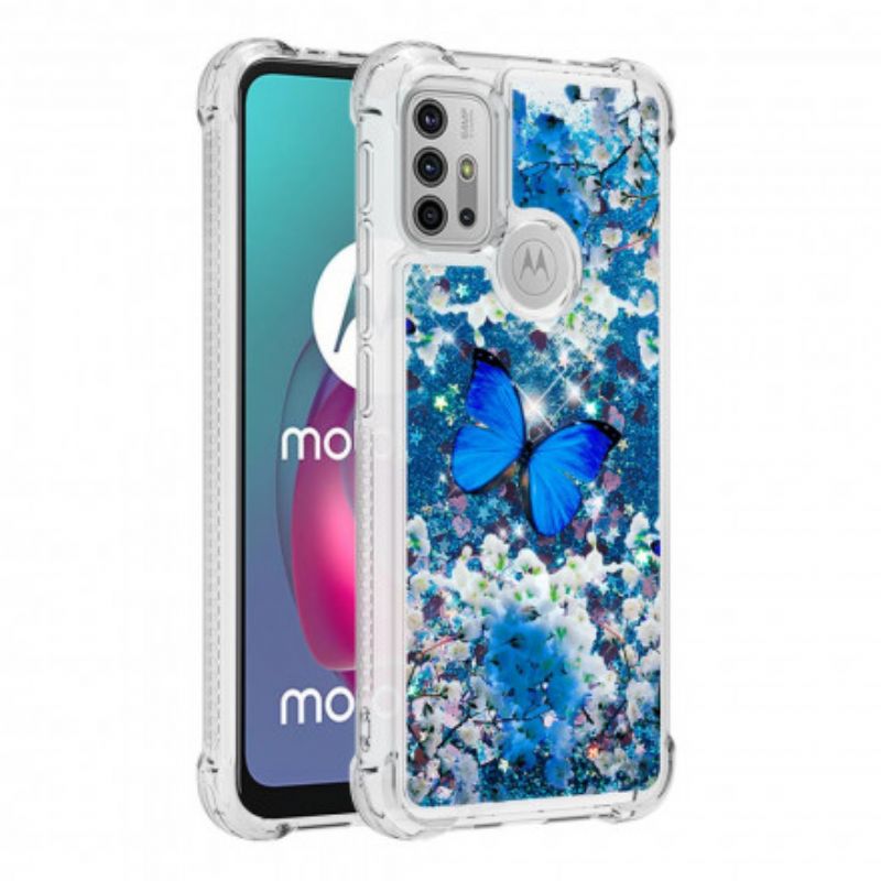 Futerały Moto G30 / G10 Etui Na Telefon Niebieskie Brokatowe Motyle