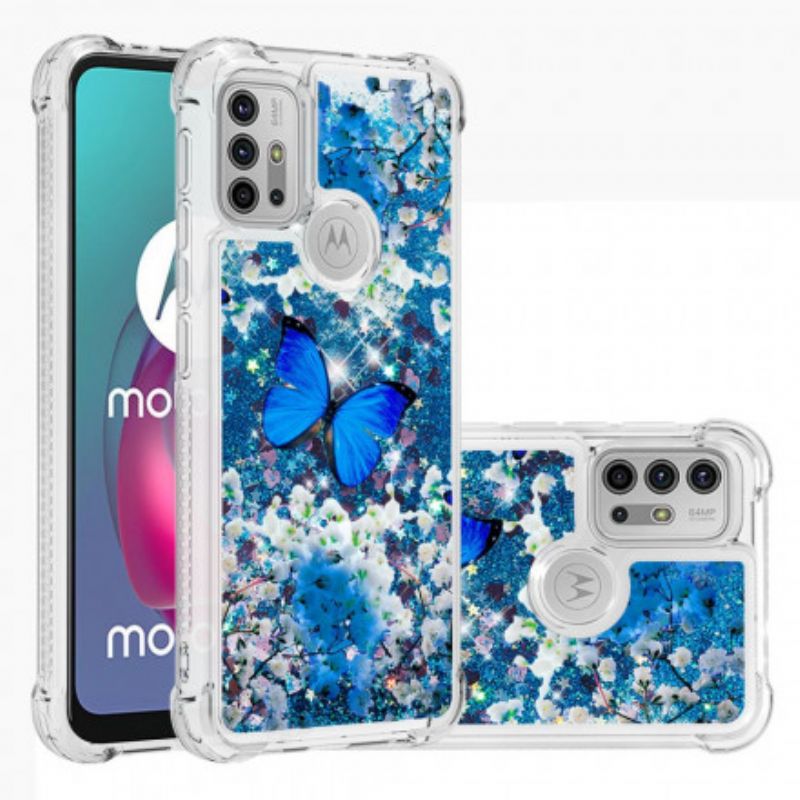 Futerały Moto G30 / G10 Etui Na Telefon Niebieskie Brokatowe Motyle