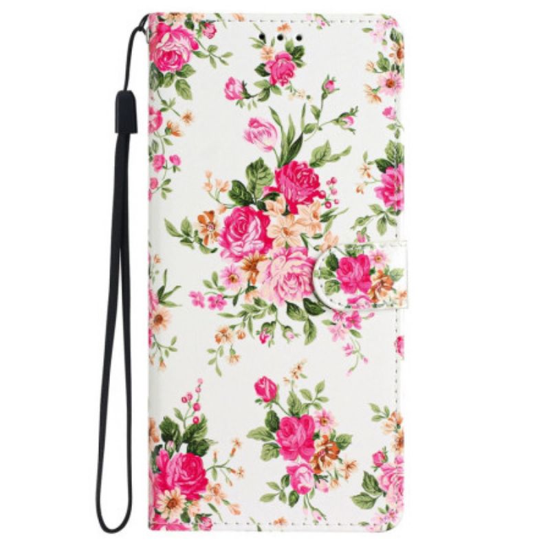 Etui Folio Do iPhone 16 CZerwone Kwiaty Z Paskiem