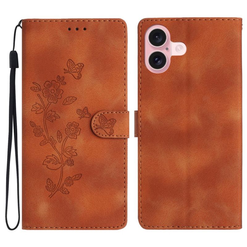 Etui Folio Do iPhone 16 Drukowane Kwiaty Z Paskiem