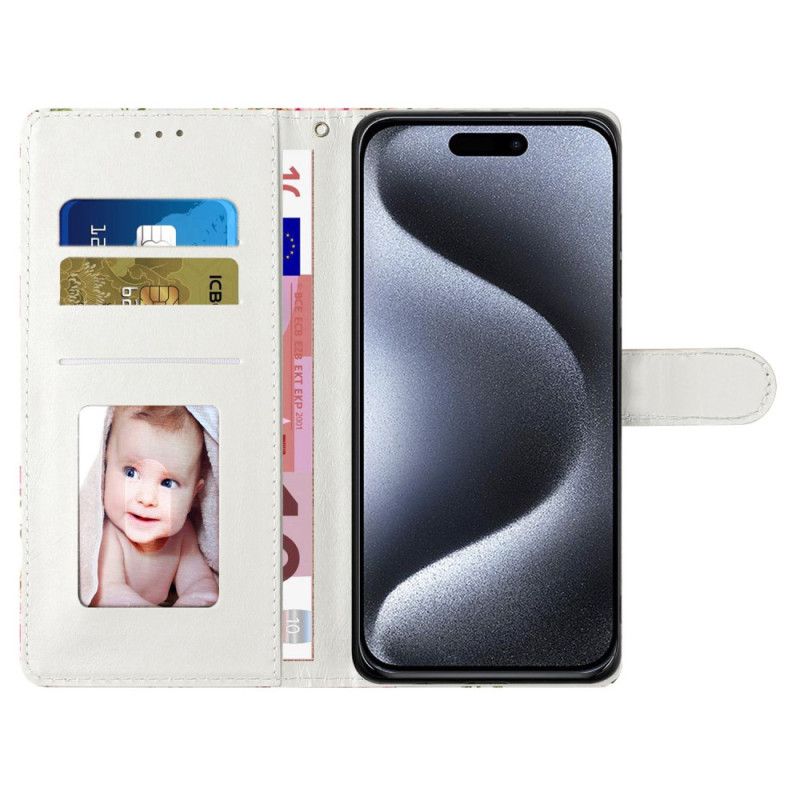 Etui Folio Do iPhone 16 Fioletowe Kwiaty Z Paskiem