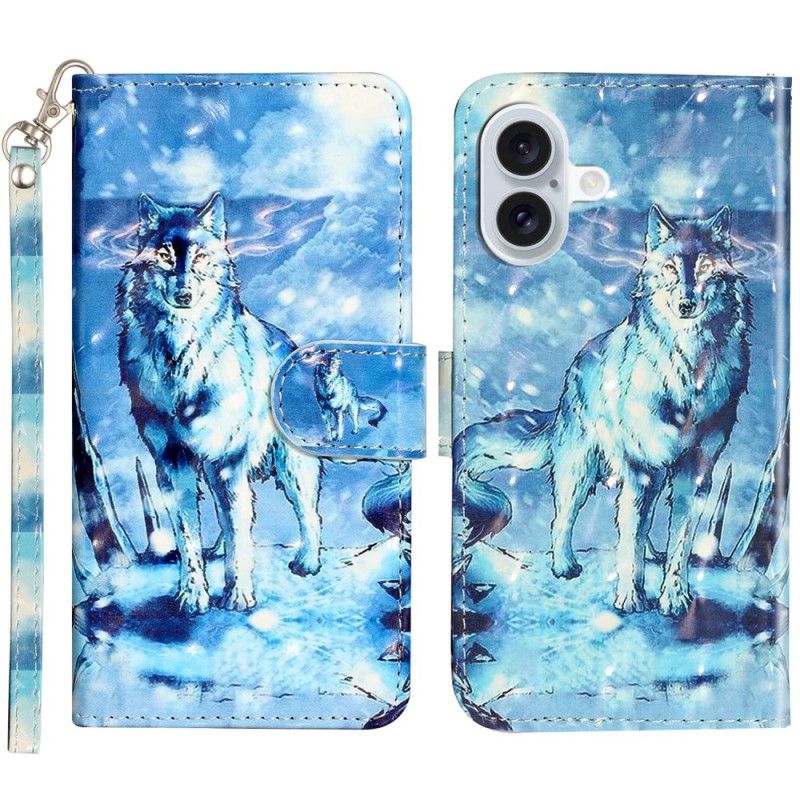 Etui Folio Do iPhone 16 Smycz Śnieżny Wilk