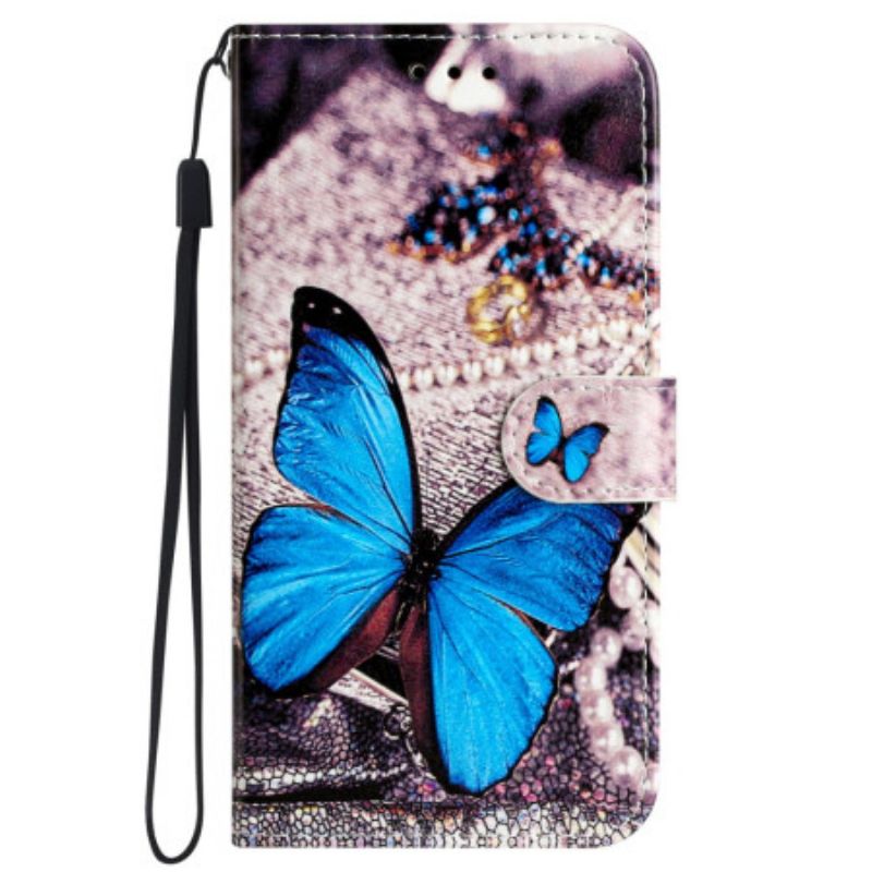 Etui Folio iPhone 16 Niebieski Motyl Z Paskiem