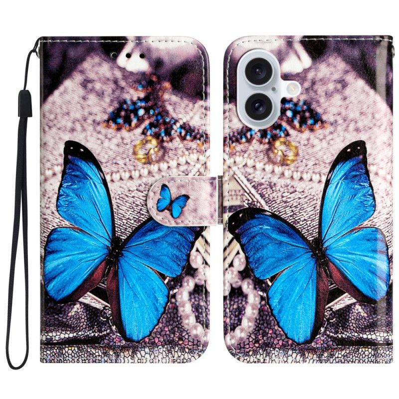 Etui Folio iPhone 16 Niebieski Motyl Z Paskiem