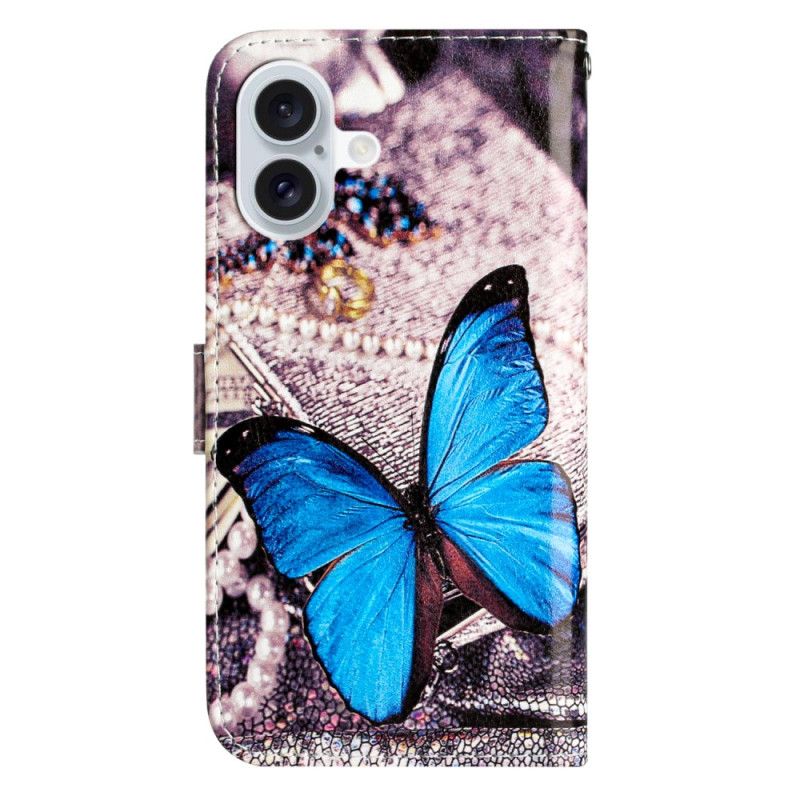 Etui Folio iPhone 16 Niebieski Motyl Z Paskiem