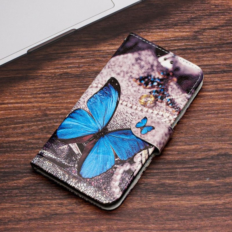 Etui Folio iPhone 16 Niebieski Motyl Z Paskiem