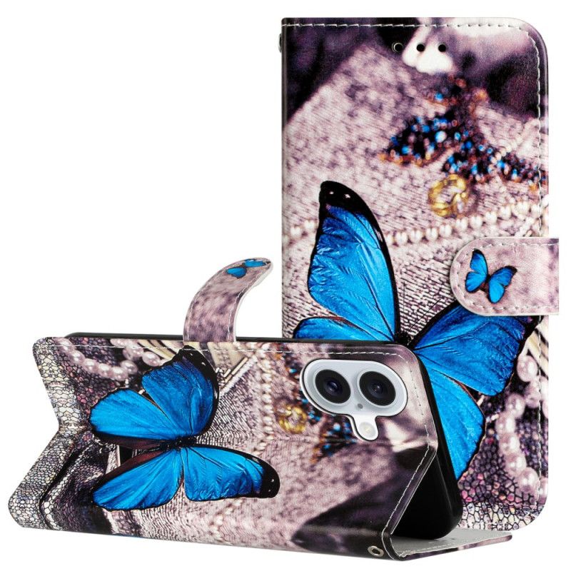 Etui Folio iPhone 16 Niebieski Motyl Z Paskiem