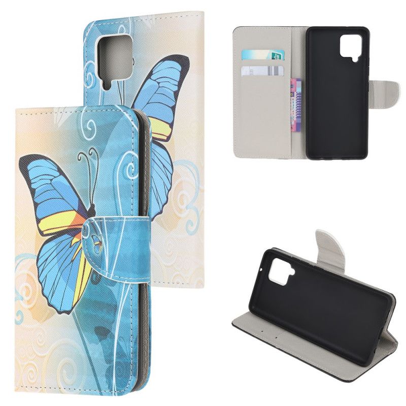 Etui Folio Samsung Galaxy A12 Fioletowy Jasnoniebieski Motyle