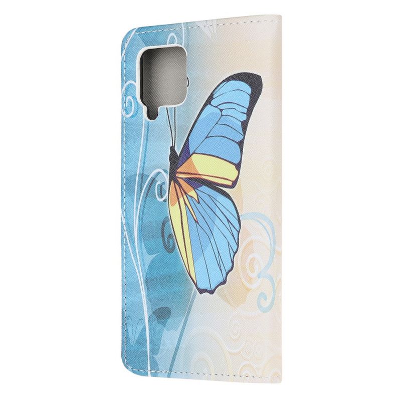 Etui Folio Samsung Galaxy A12 Fioletowy Jasnoniebieski Motyle