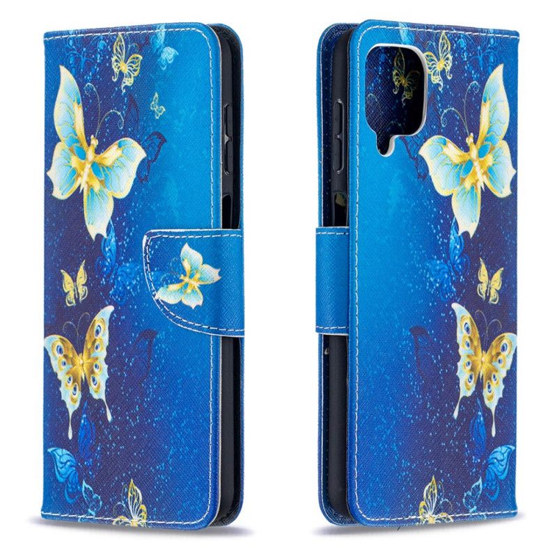 Etui Folio Samsung Galaxy A12 Granatowy Czarny Złote Motyle