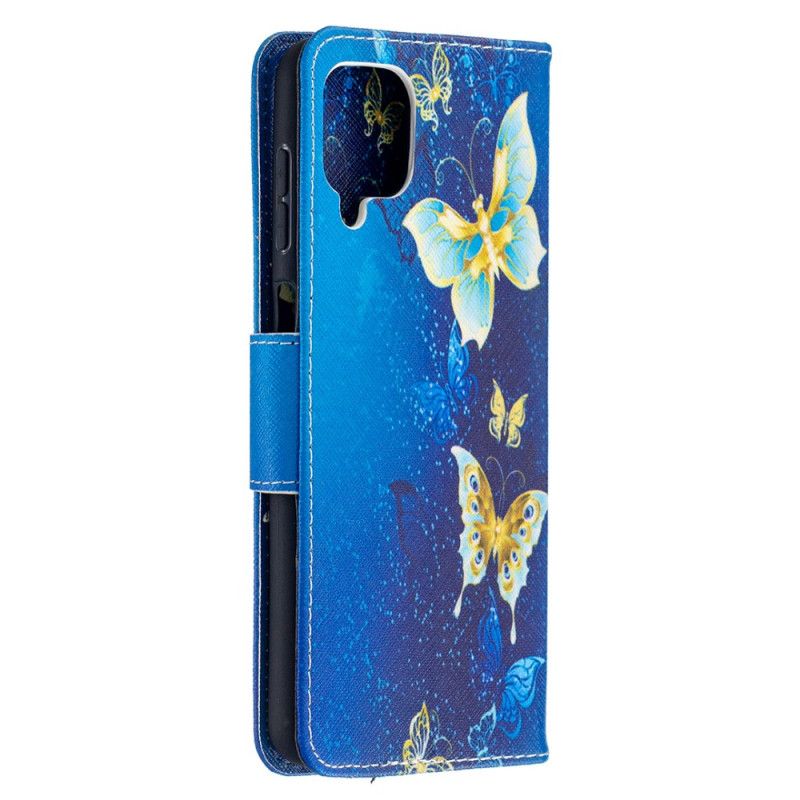 Etui Folio Samsung Galaxy A12 Granatowy Czarny Złote Motyle