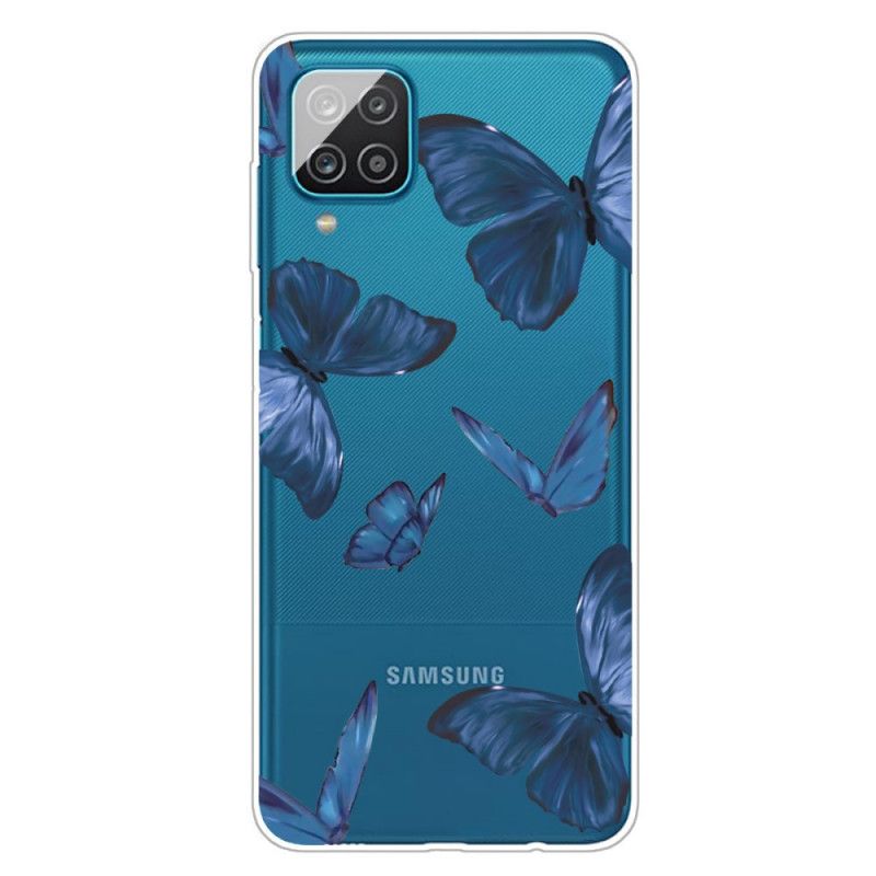 Etui Samsung Galaxy A12 Ciemnoniebieski Różowy Dzikie Motyle Etui Ochronne