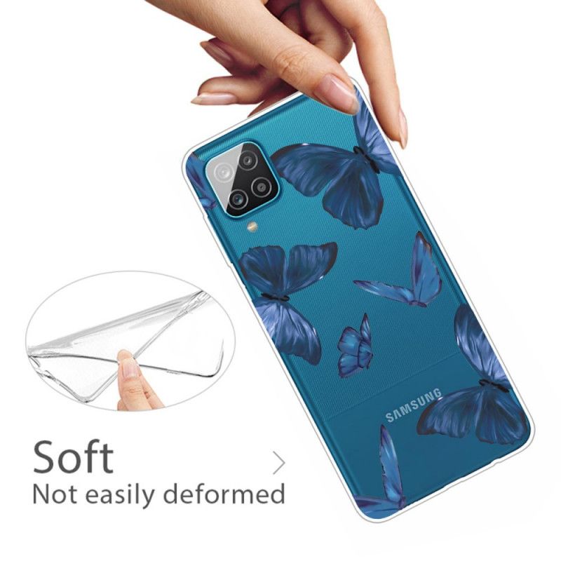 Etui Samsung Galaxy A12 Ciemnoniebieski Różowy Dzikie Motyle Etui Ochronne