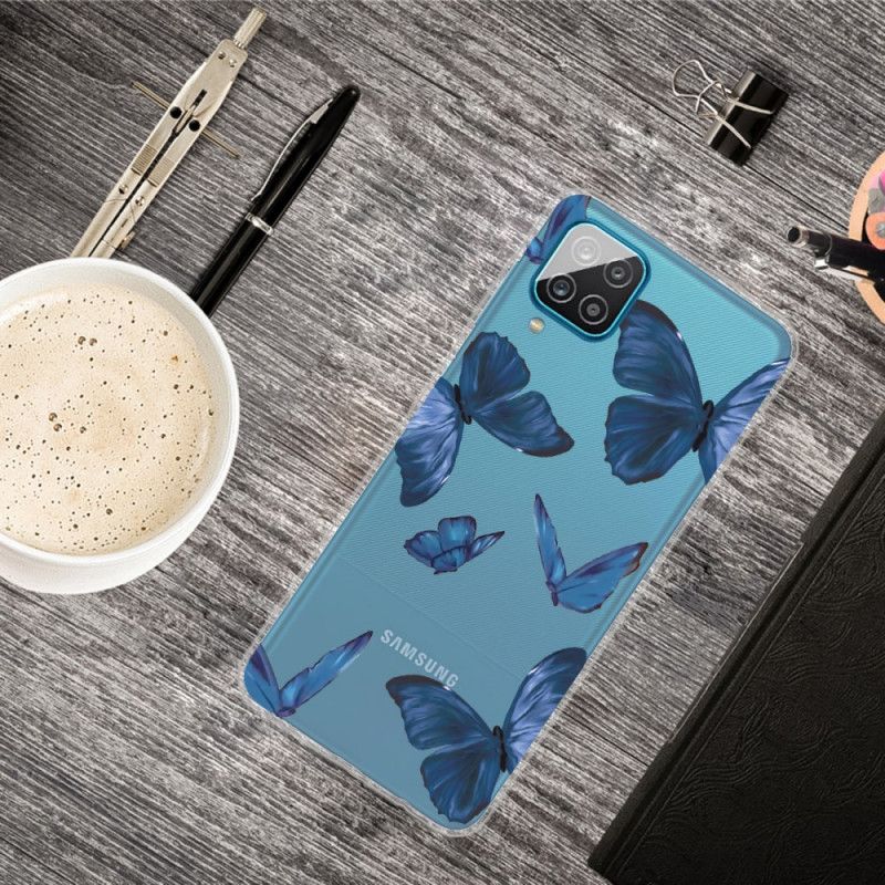 Etui Samsung Galaxy A12 Ciemnoniebieski Różowy Dzikie Motyle Etui Ochronne