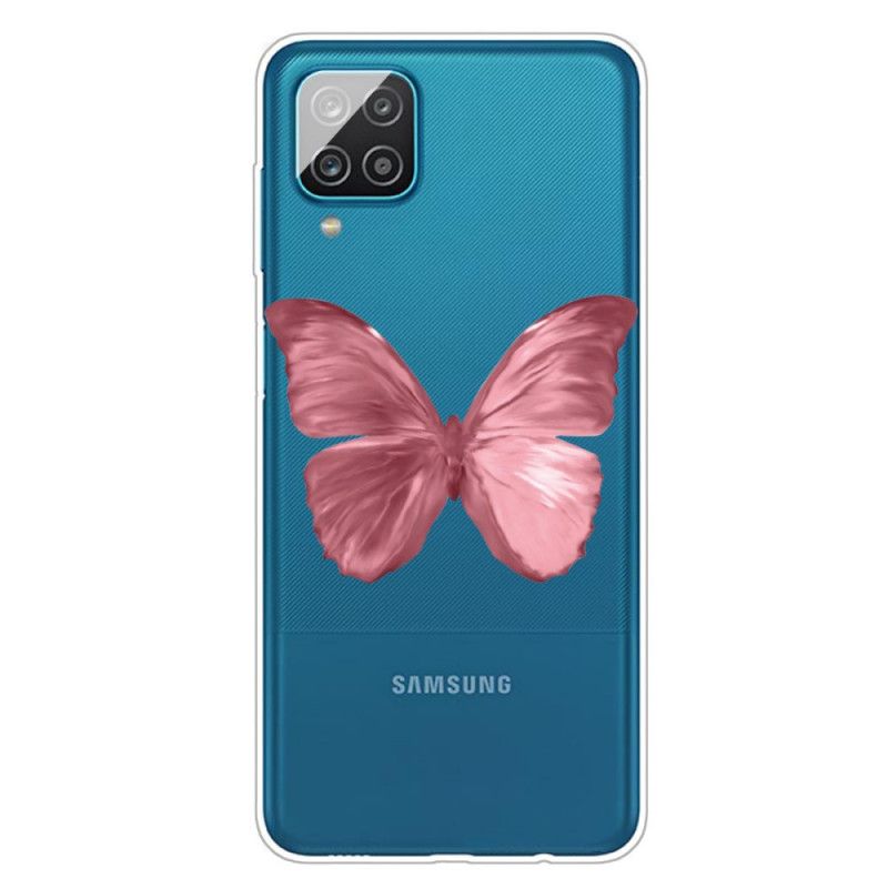 Etui Samsung Galaxy A12 Ciemnoniebieski Różowy Dzikie Motyle Etui Ochronne