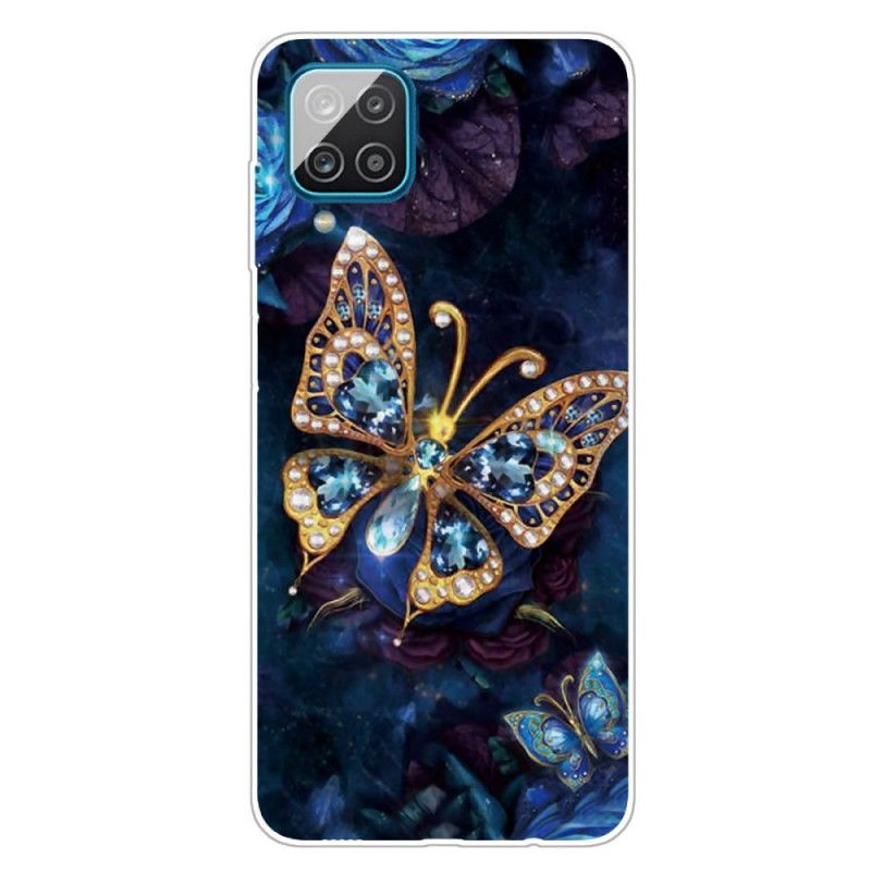 Etui Samsung Galaxy A12 Granatowy Ciemnoniebieski Luksusowy Motyl Etui Ochronne