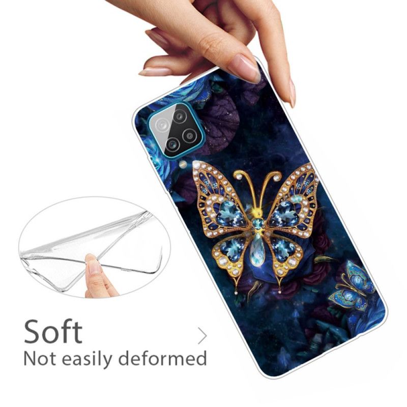 Etui Samsung Galaxy A12 Granatowy Ciemnoniebieski Luksusowy Motyl Etui Ochronne