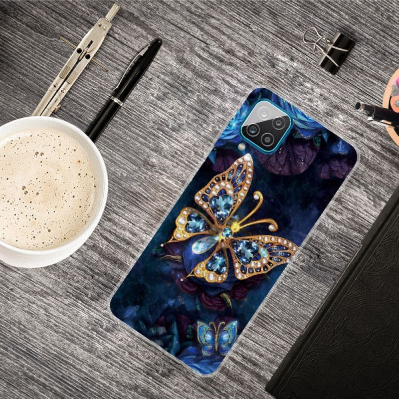 Etui Samsung Galaxy A12 Granatowy Ciemnoniebieski Luksusowy Motyl Etui Ochronne