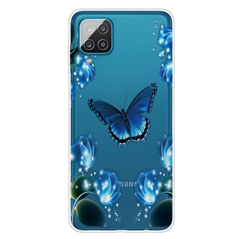 Etui Samsung Galaxy A12 Granatowy Ciemnoniebieski Luksusowy Motyl Etui Ochronne