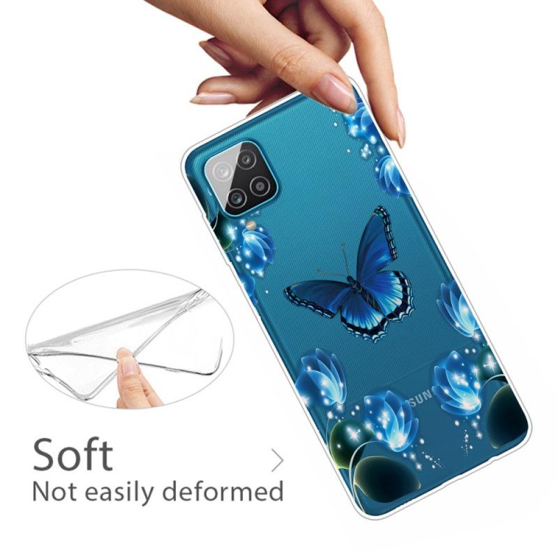 Etui Samsung Galaxy A12 Granatowy Ciemnoniebieski Luksusowy Motyl Etui Ochronne