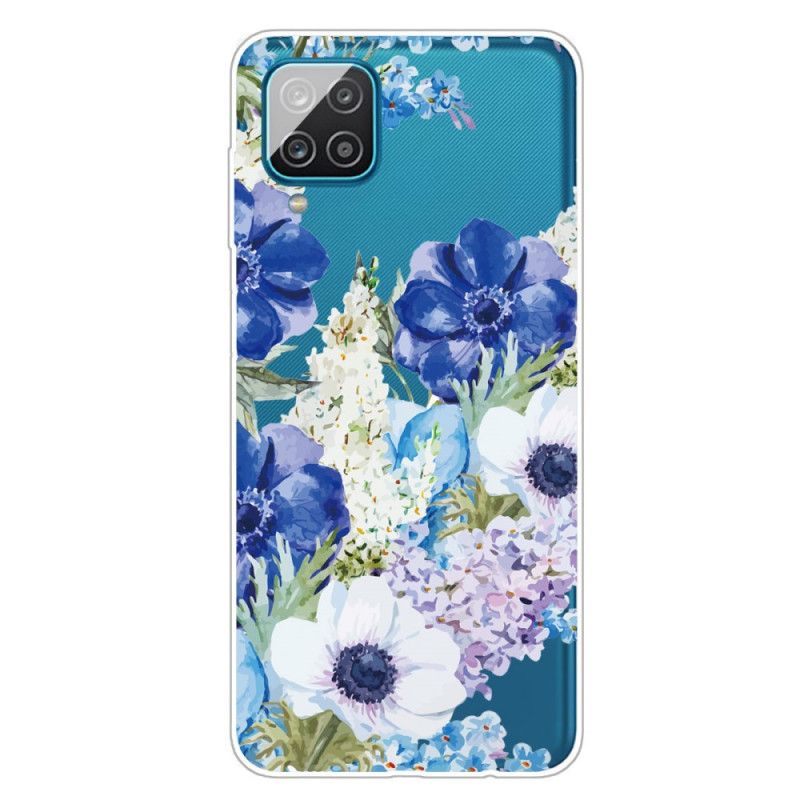 Etui Samsung Galaxy A12 Przezroczyste Niebieskie Kwiaty Akwarelowe