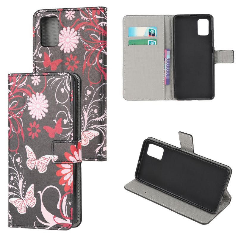 Etui Folio Samsung Galaxy A52 4G / A52 5G Biały Czarny Motyle I Kwiaty