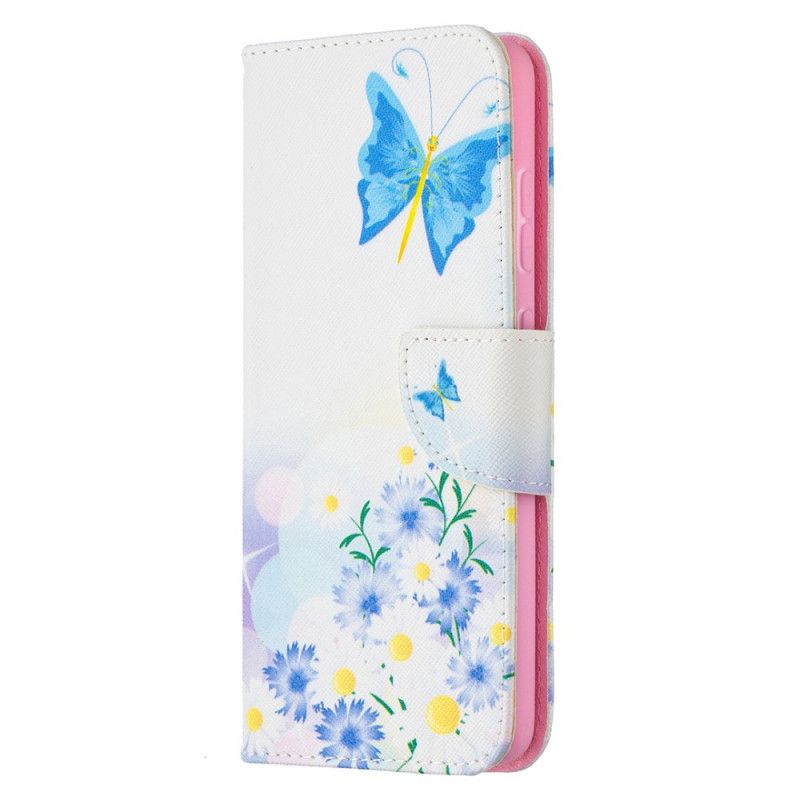 Etui Folio Samsung Galaxy A52 4G / A52 5G Jasnoniebieski Magenta Malowane Motyle I Kwiaty