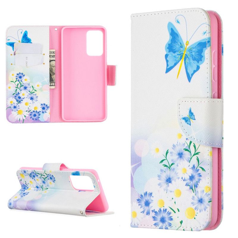 Etui Folio Samsung Galaxy A52 4G / A52 5G Jasnoniebieski Magenta Malowane Motyle I Kwiaty