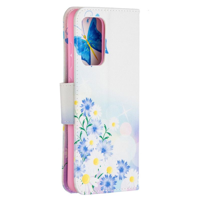 Etui Folio Samsung Galaxy A52 4G / A52 5G Jasnoniebieski Magenta Malowane Motyle I Kwiaty