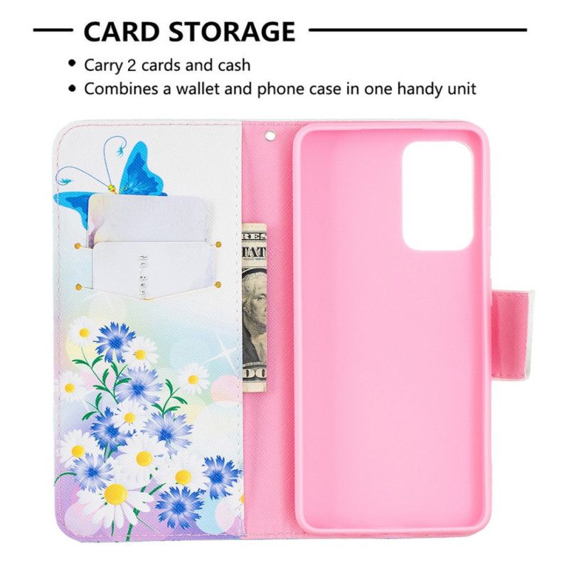 Etui Folio Samsung Galaxy A52 4G / A52 5G Jasnoniebieski Magenta Malowane Motyle I Kwiaty