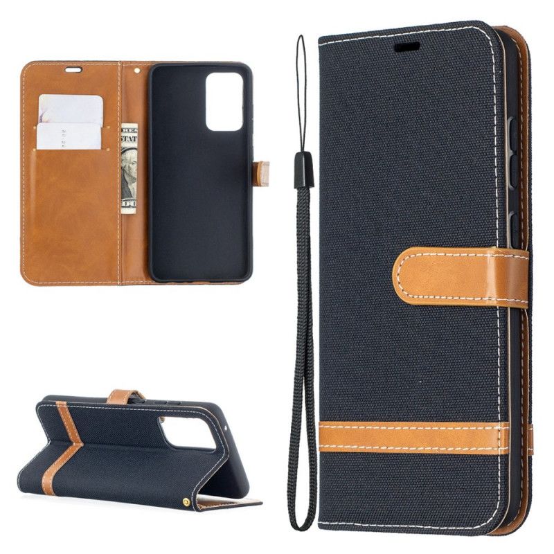 Etui Folio Samsung Galaxy A52 4G / A52 5G Szary Czarny Efekt Tkaniny I Skóry Ze Stringami