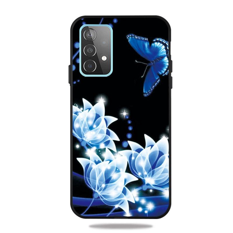 Etui Samsung Galaxy A52 4G / A52 5G Jasnoniebieski Ciemnoniebieski Niebieskie Kwiaty Etui Ochronne