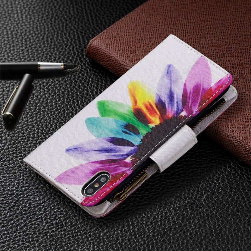 Etui Folio iPhone XS Max Biały Czarny Kieszeń Zapinana Na Zamek W Kwiaty