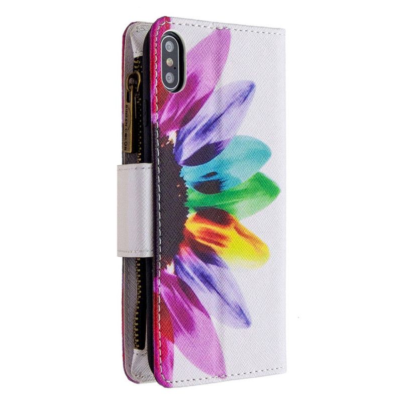 Etui Folio iPhone XS Max Biały Czarny Kieszeń Zapinana Na Zamek W Kwiaty