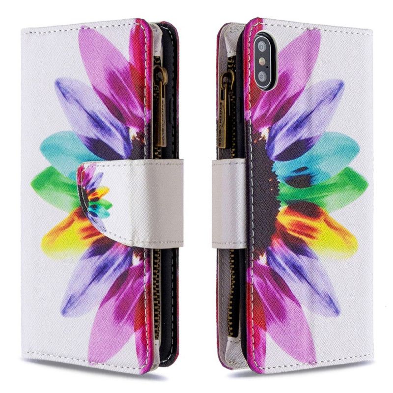 Etui Folio iPhone XS Max Biały Czarny Kieszeń Zapinana Na Zamek W Kwiaty