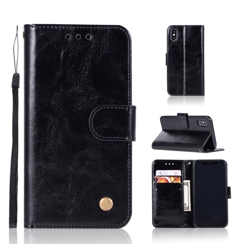 Etui Folio iPhone XS Max Czarny Efekt Skóry W Stylu Vintage Ze Stringami