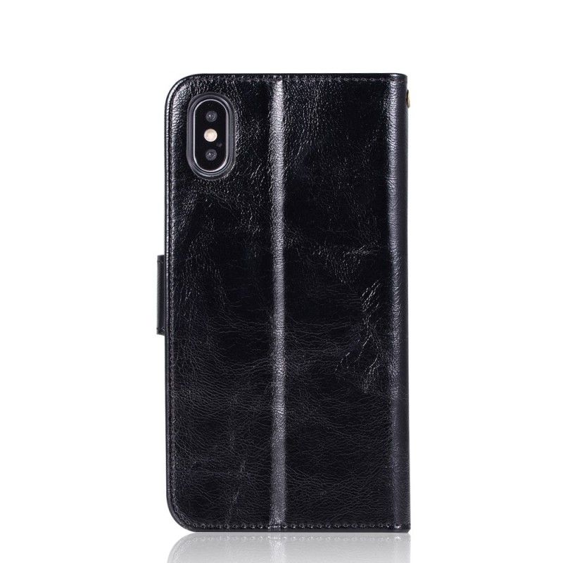 Etui Folio iPhone XS Max Czarny Efekt Skóry W Stylu Vintage Ze Stringami